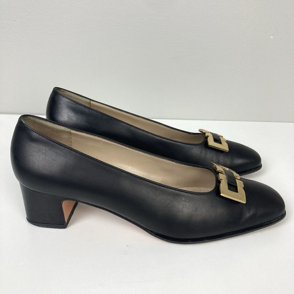 Salvatore Ferragamo Black Leather Block Heels Gold Buckle Accent Square Toe sz 6